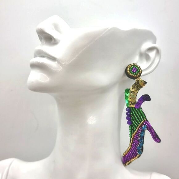 New HIGH HEELS  Mardi Gras sequin earrings - Picture 2 of 7